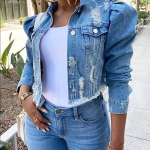 Distressed Jean Denim puff sleeve crop jacket